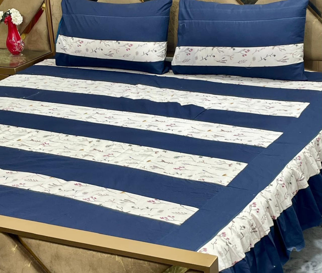 3-Piece Frill Patchwork Double Bed Bedsheet Set
