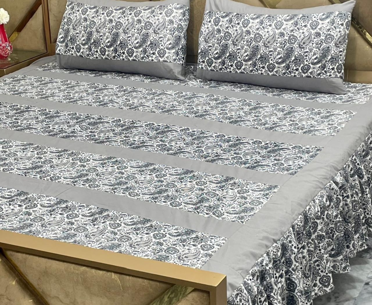 3-Piece Frill Patchwork Double Bed Bedsheet Set